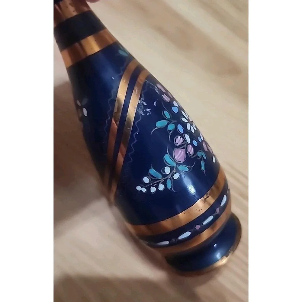 Vintage Turkish Gulistan Metal‎ Hand Painted Bud Vase 6.25in Tall Floral Design
